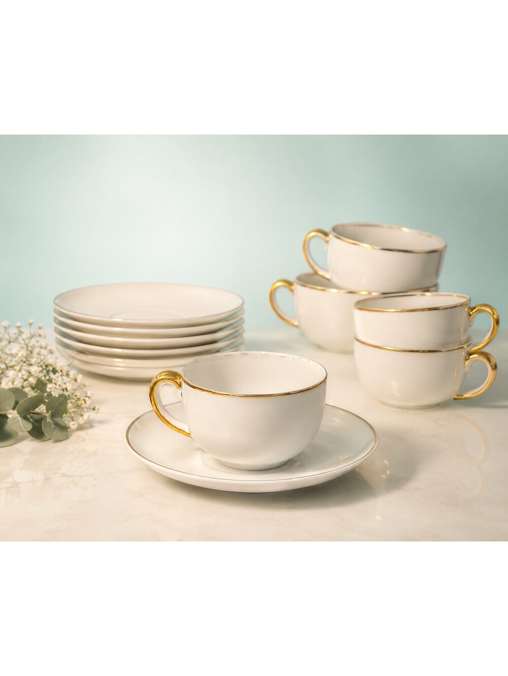 Meito China 1950s 5 Cups 6 Saucers White Gold Rim Hand Painted Porcelain